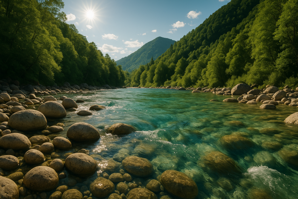 Прозрачная горная река с камнями и бирюзовой водой среди зелёных склонов